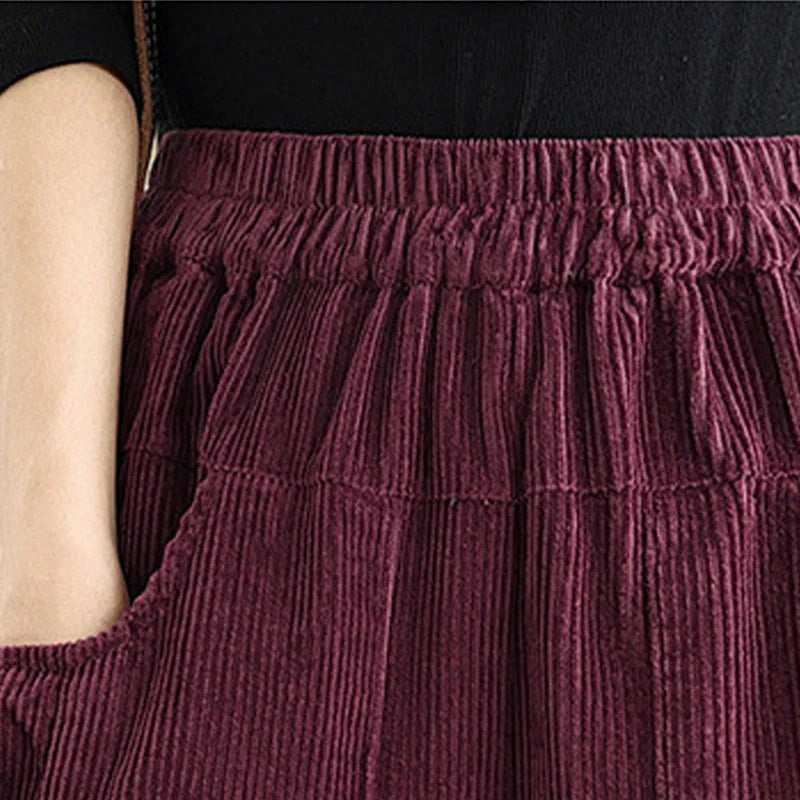 Buddha Stones Women's Pure Color Drawstring Design Wide Leg Corduroy Pants With Pockets