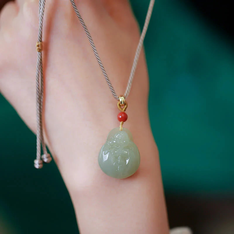 Buddha Stones Laughing Buddha Hetian Jade Wealth Prosperity String Necklace Pendant