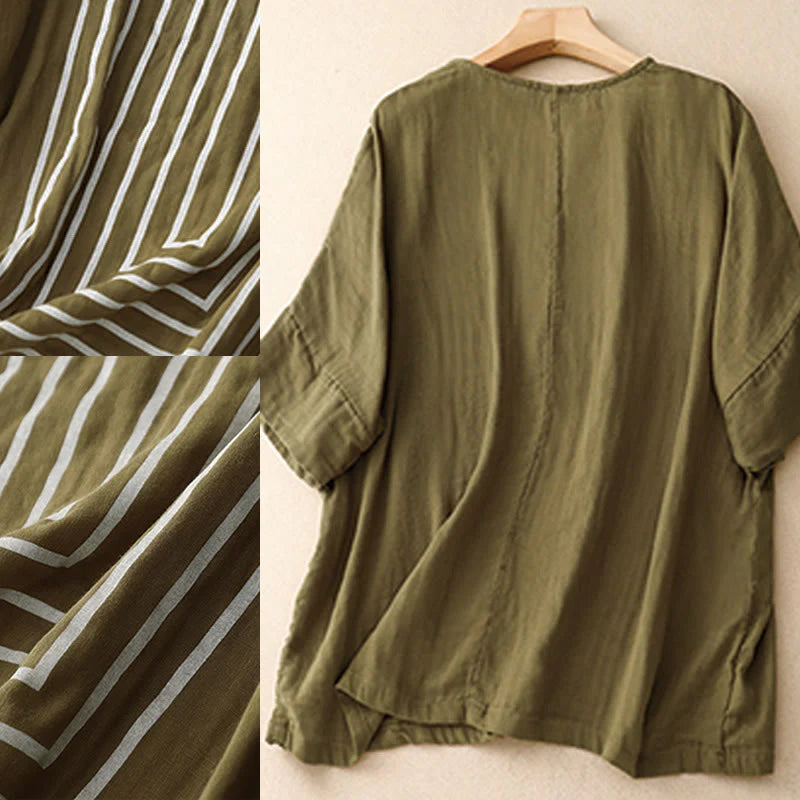 Buddha Stones Casual Line Printing Pattern Short Sleeve Cotton Linen Women's T-Shirt