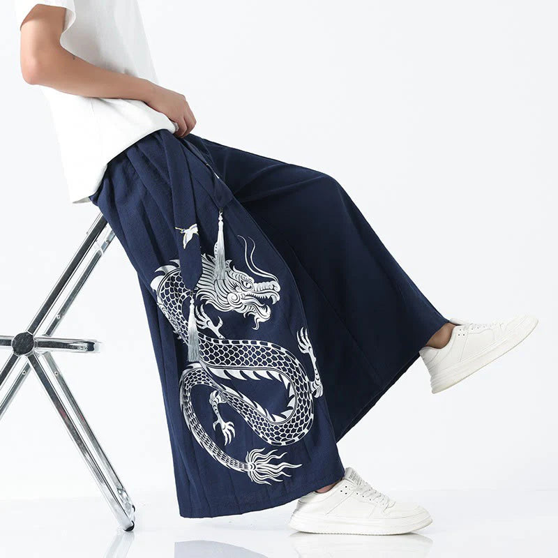 Buddha Stones Summer Dragon Drawstring Design Cotton Ankle-Length Men's Wide Leg Pants With Pockets