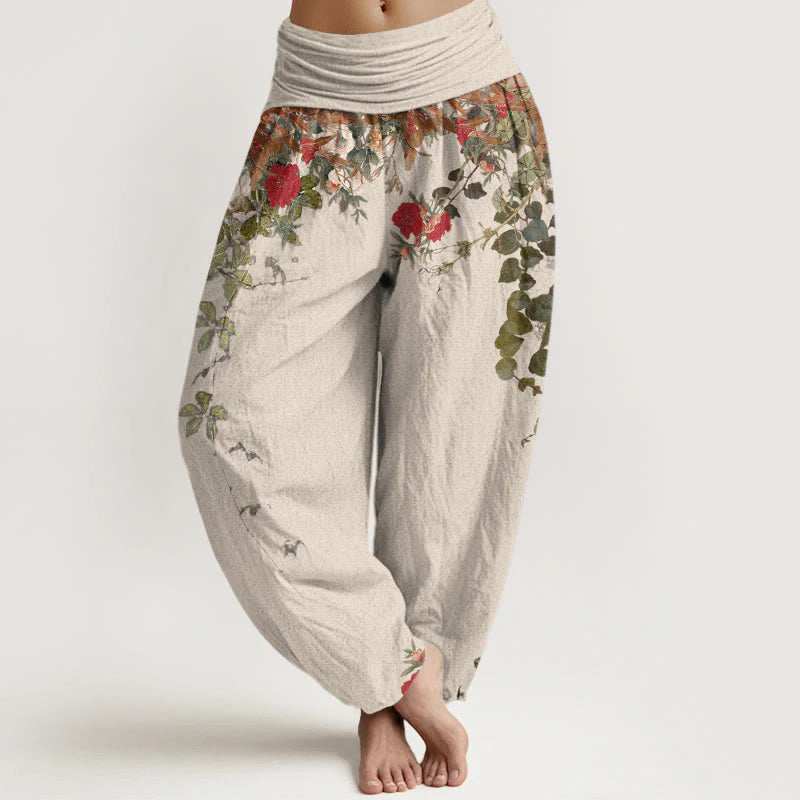 Buddha Stones Pure Cotton Colourful Flower Leaves Patterns Women's Elastic Waist Harem Pants
