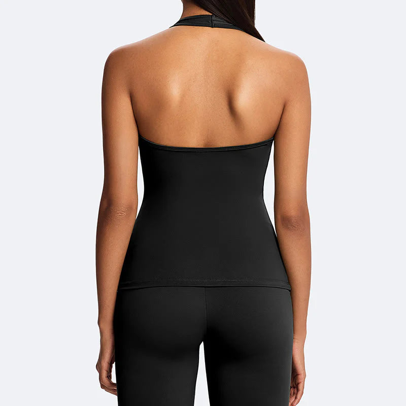 Buddha Stones Solid Crop Halter Backless Sleeveless Top Straight Leg Pants For Sports Fitness Yoga