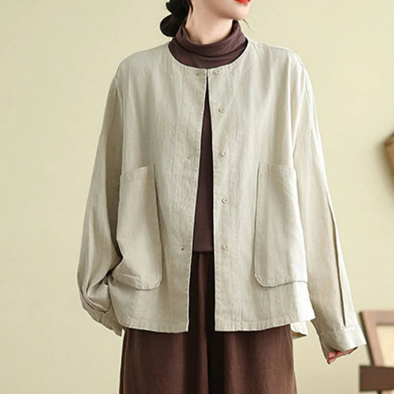 Buddha Stones Women's Long Sleeve Crew Neck Cotton Jacket With Pockets