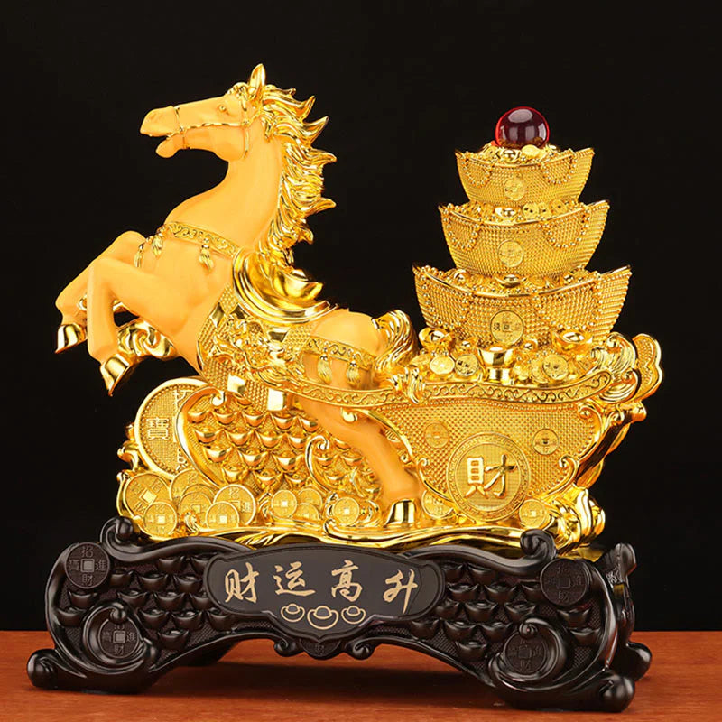Buddha Stones  Good Fortune Year of the Horse Treasure Bowl Ingots Wealth Resin Home Decoration