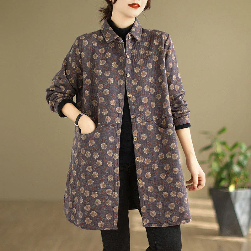 Buddha Stones Fall Winter Buttons Flower Patterns Long Sleeve Cotton Women's Jacket With Pockets