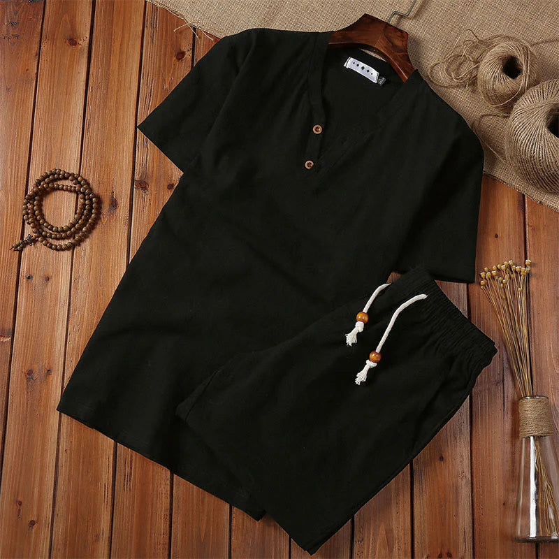 Buddha Stones 2Pcs Plain Notched Collar Short Sleeve T-Shirt Shorts With Pockets Cotton Linen Men's Meditation Cloth Set