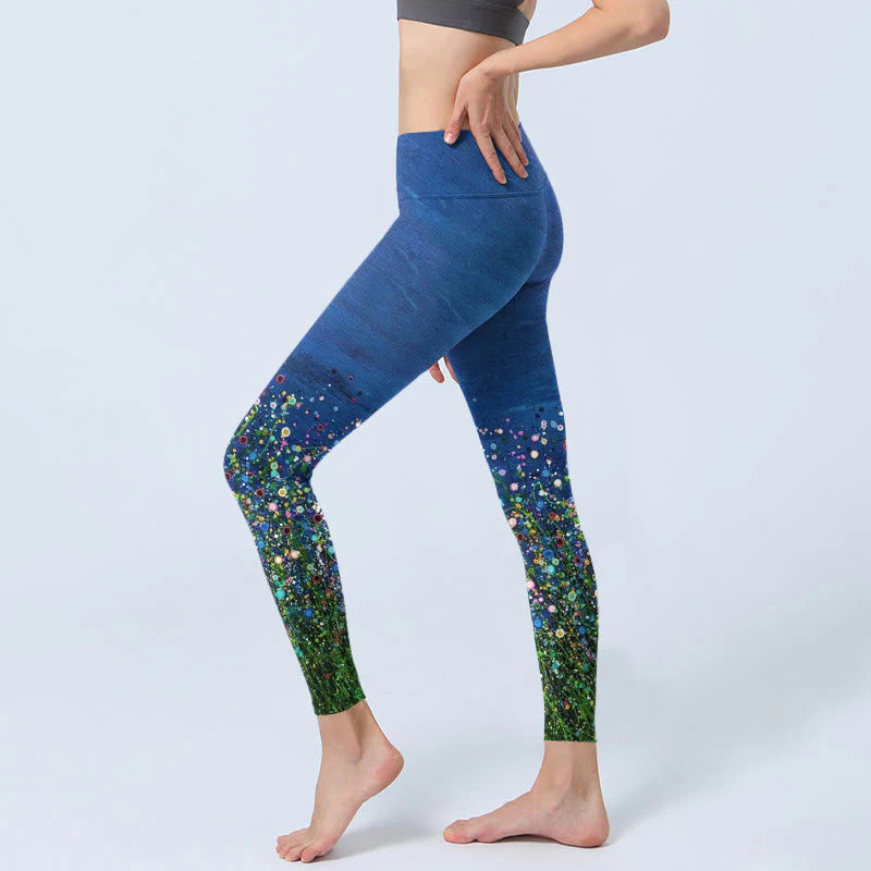 Buddha Stones Grass Flower Pattern Print Gym Leggings Women's Yoga Pants