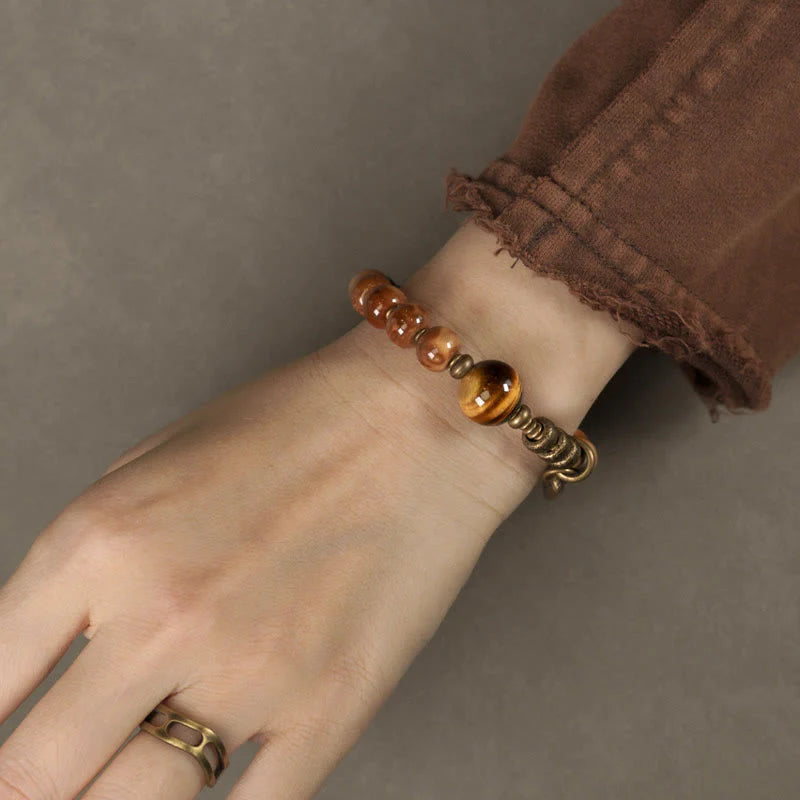 Buddha Stones Kuka Seed Tiger Eye Gold Sheen Obsidian Brass Copper Wealth Luck Bracelet