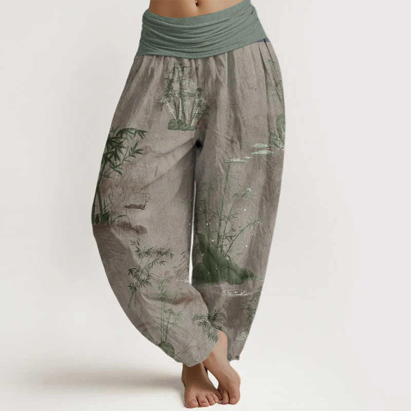 Buddha Stones Cotton Casual Bamboo Rock Ink Painting Women's Elastic Waist Harem Pants