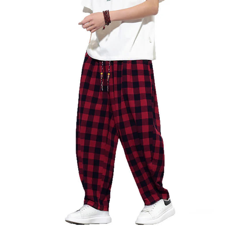 Buddha Stones Summer Plaid Pattern High Waist Drawstring Men's Harem Pants With Pockets