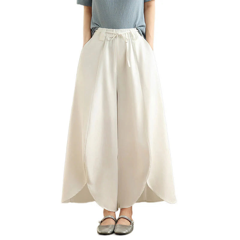 Buddha Stones Summer Vintage Lace-Up Women's Wide Leg Split Pants With Pockets