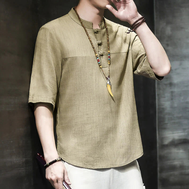 Buddha Stones Casual Vintage  Chinese Frog-Button Men's Half Sleeve Cotton Linen T-Shirt