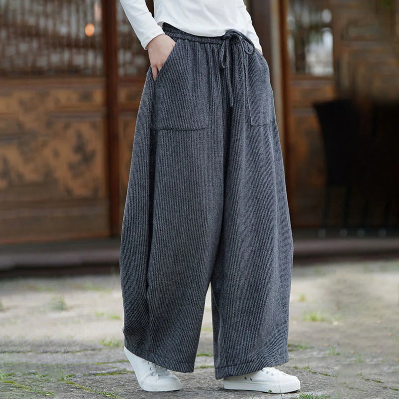 Buddha Stones Winter Men's Pure Color Drawstring Design Cotton High Waist Pants With Pockets