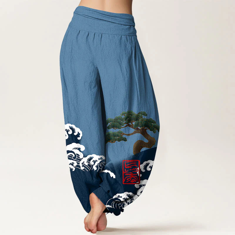 Buddha Stones Print Pure Cotton Pine Tree Rolling Waves Pattern Women's Elastic Waist Harem Pants
