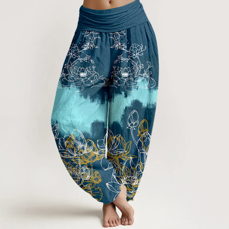 Buddha Stones Cotton Colorful Lotus Pattern Women's Elastic Waist Harem Pants