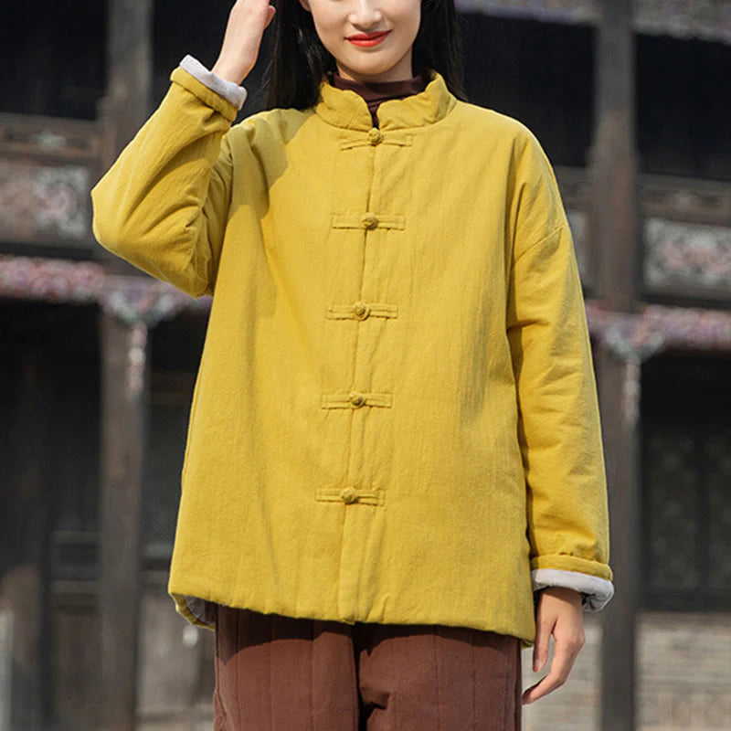 Buddha Stones Winter Solid Frog-Button Long Sleeve Cotton Women's Thermal Jacket With Pockets