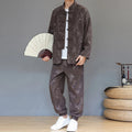 Buddha Stones 2Pcs Fall Winter Men's Tang Suit Dragon Frog-Button Cotton Corduroy Long Sleeve Jacket Pants Set With Pockets