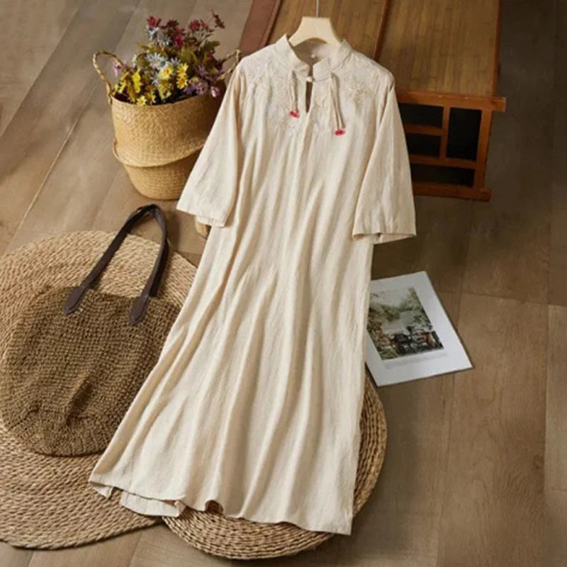 Buddha Stones Vintage Embroidery Frog-button Half Sleeve High Waist Cotton Linen Women's Midi Dress