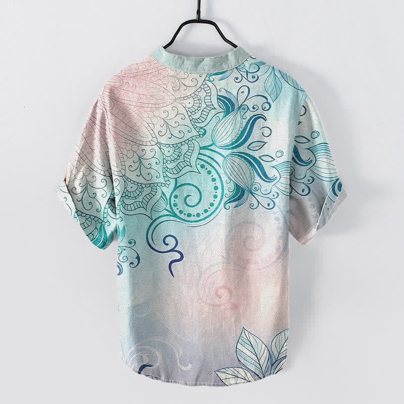 Buddha Stones Cotton Mandala Floral Emblem Men's Short Sleeve Half Button Shirt