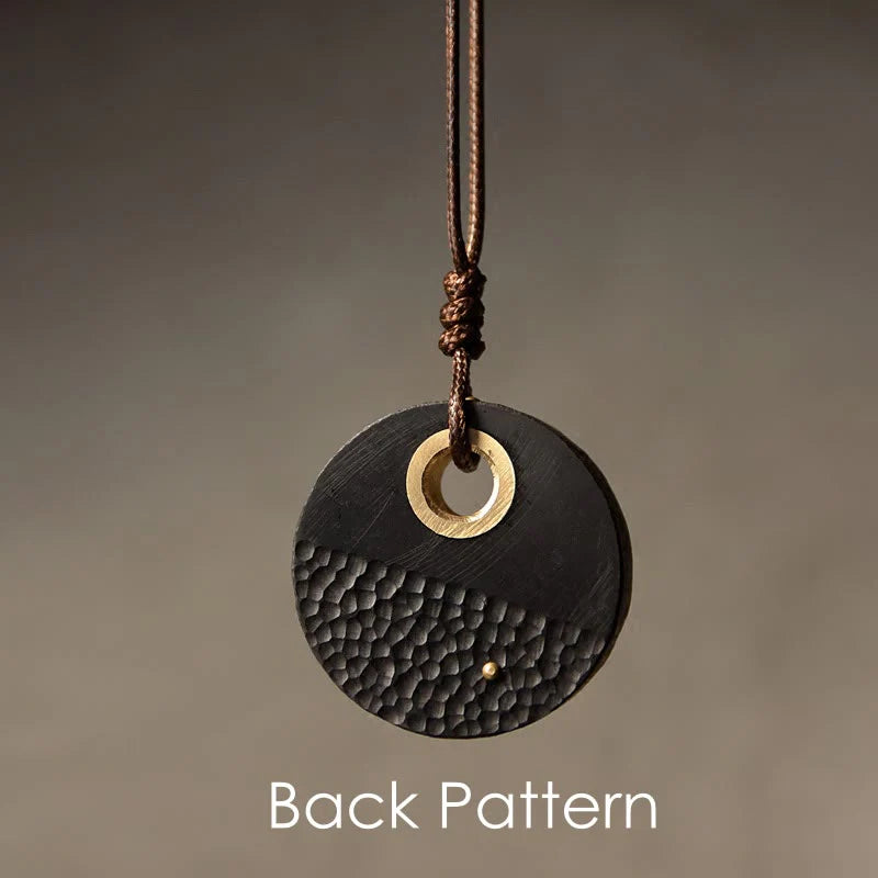 Buddha Stones Handcrafted Round Ebony Wood Brass Copper Peace Necklace Pendant