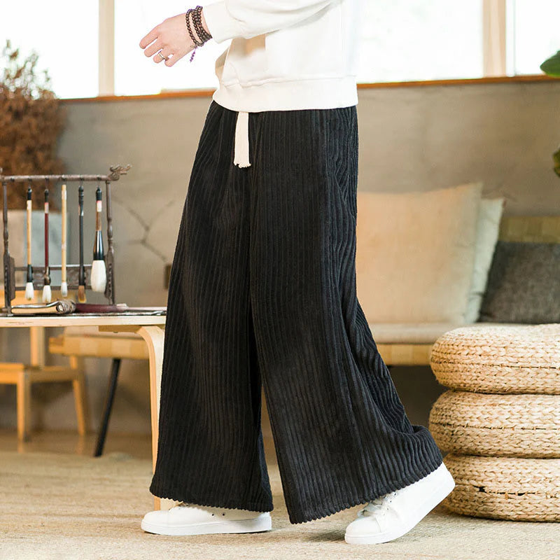 Buddha Stones Commute Plain Drawstring Men's Wide Leg Cotton Corduroy Pants With Pockets