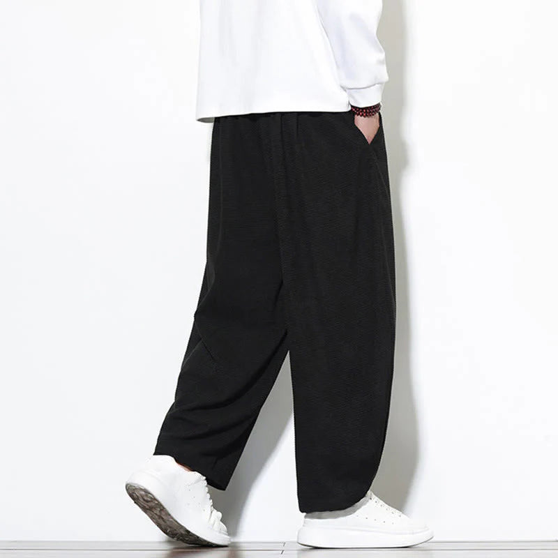 Buddha Stones Men's Plain Pure Cotton Corduroy Ankle-Length Harem Pants With Pockets