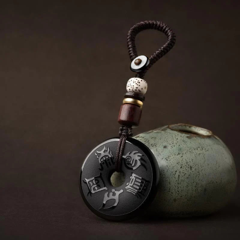 Buddha Stones Black Obsidian Taoism Five Sacred Mountains Carved Strength Peace Buckle Necklace Pendant Key Chain Phone Hanging Decoration