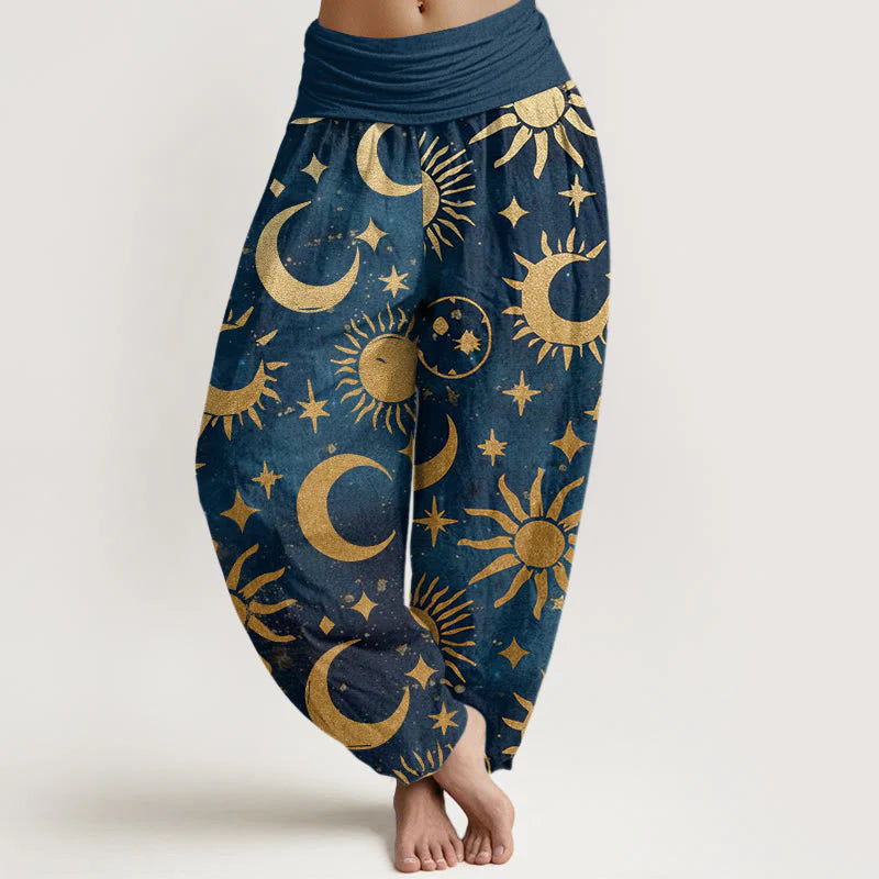 Buddha Stones Cotton Crescent Moon Sun Stars Pattern Design Women's Elastic Waist Harem Pants