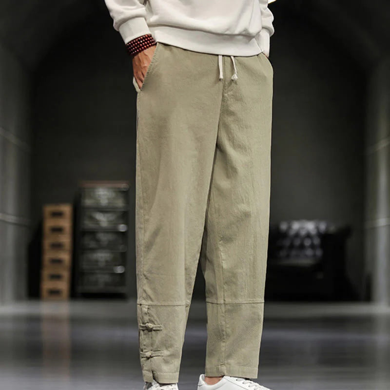Buddha Stones Drawstring Elastic Waist Frog-Button Ankle-Length Men's Cotton Pants With Pockets