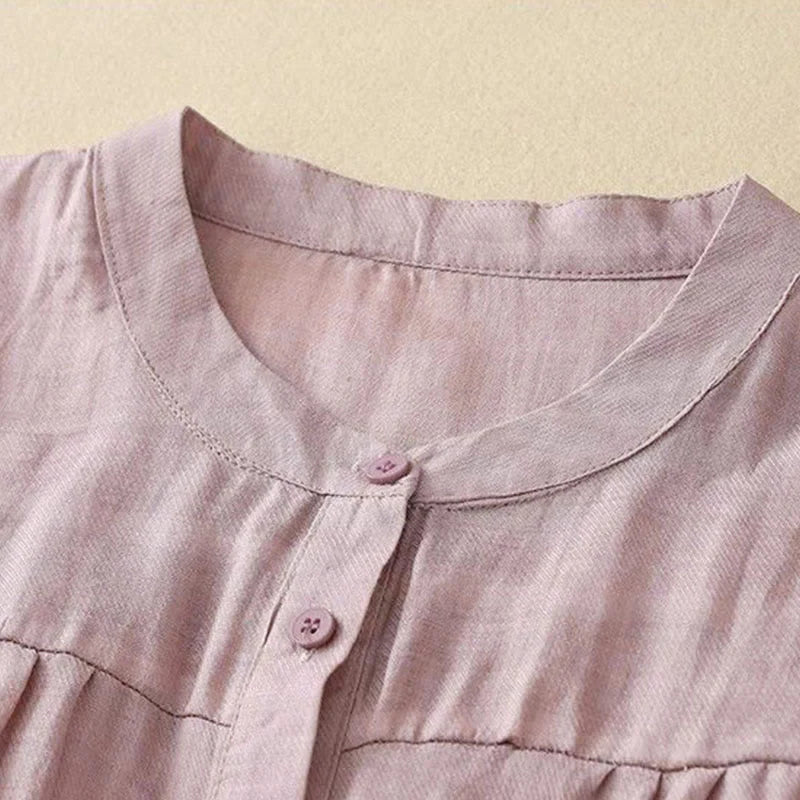 Buddha Stones Plain Crew Neck Buttons Design Three Quarter Sleeve Women's Shirt