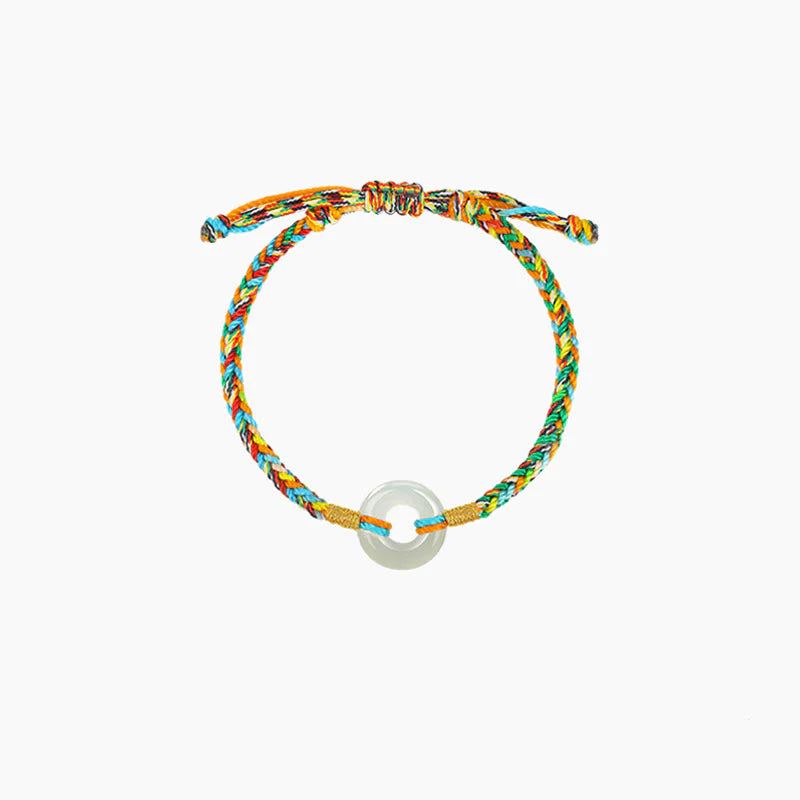 Buddha Stones Handmade Peace Buckle Jade Prosperity 925 Sterling Silver Colorful Rope Bracelet