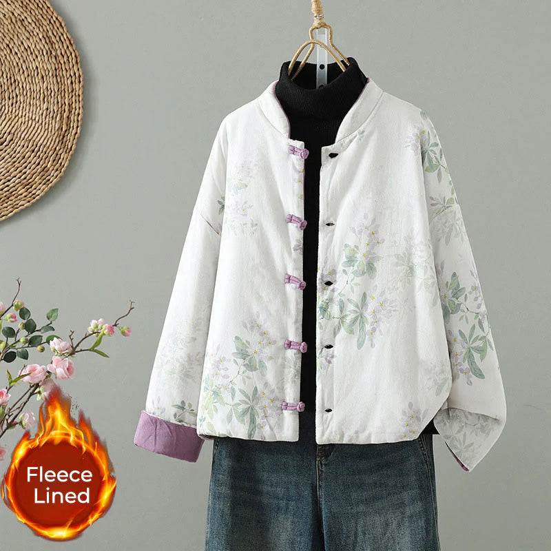Buddha Stones Women's Purple Flower Leaves Frog-Button Design Long Sleeve Thermal Jacket
