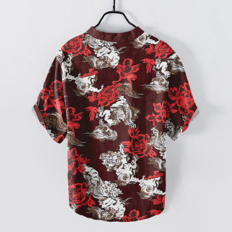 Buddha Stones Cotton Red Floral Cloud Print Henley Men's Short Sleeve Half Button Shirt