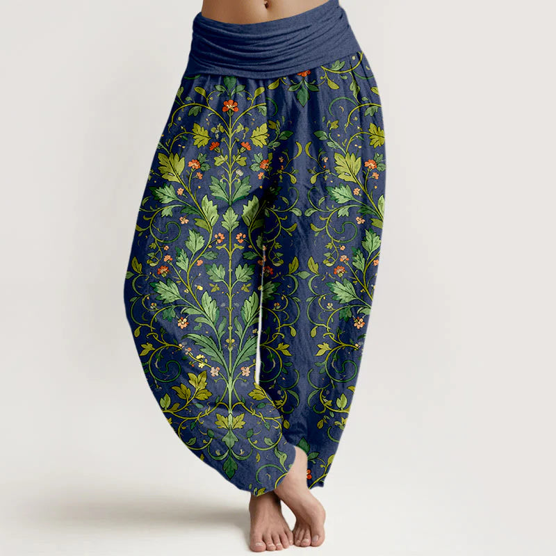 Buddha Stones Pure Cotton Classical Symmetrical Plant Leaf Pattern Women's Elastic Waist Harem Pants