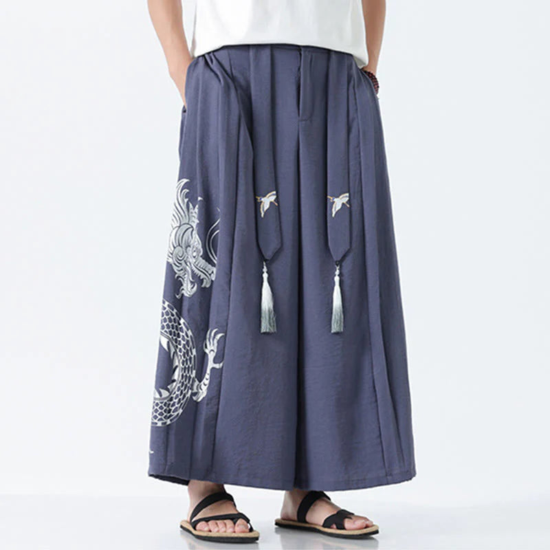 Buddha Stones Summer Dragon Drawstring Design Cotton Ankle-Length Men's Wide Leg Pants With Pockets