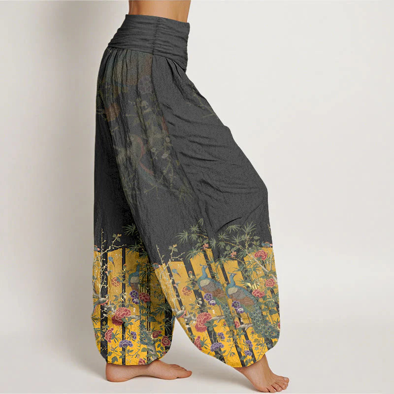 Buddha Stones Cotton Gorgeous Peacock Flower Pattern Women's Elastic Waist Harem Pants