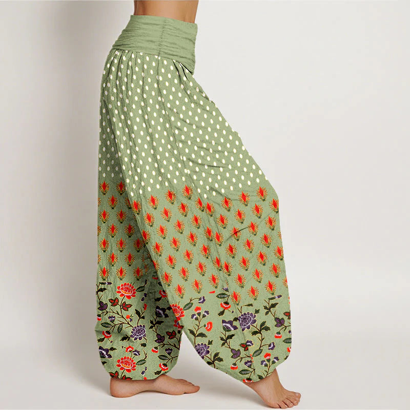 Buddha Stones Cotton Dots Red Purple Flower Pattern Women's Elastic Waist Harem Pants