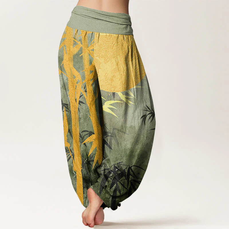 Buddha Stones Cotton Bamboo Leaves Full Moon Pattern Women's Elastic Waist Harem Pants