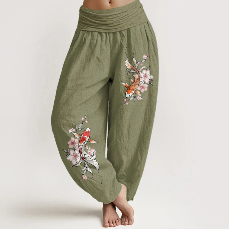 Buddha Stones Cotton Koi Fish Pink Peach Blossoms Pattern Women's Elastic Waist Harem Pants