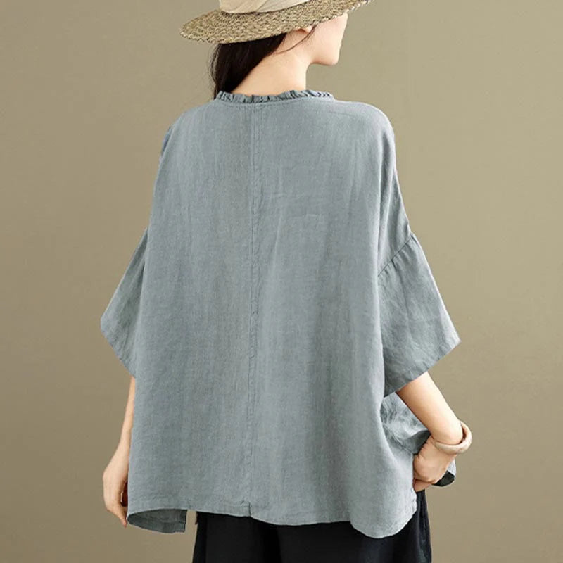 Buddha Stones Spring V-Neck Frog-Button Long Sleeve Plain Women's Cotton Shirt