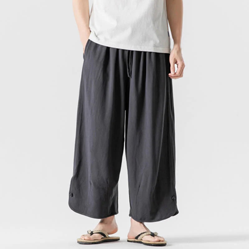 Buddha Stones Summer Plain Drawstring Design Linen Cotton Men's 7-8 Length Pants With Pockets