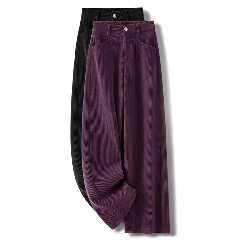 Buddha Stones Winter Straight Leg Design Cotton Corduroy Women's Wide Leg Pants With Pockets