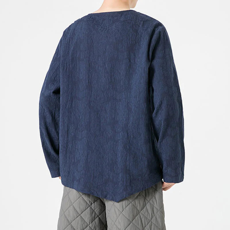 Buddha Stones Men's Chinese Frog-Button Plain Design Cotton Long Sleeve T-Shirt Zen Clothing