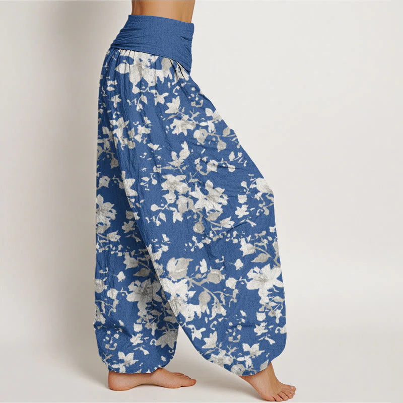 Buddha Stones Cotton Leaves Design Women's Elastic Waist Harem Pants
