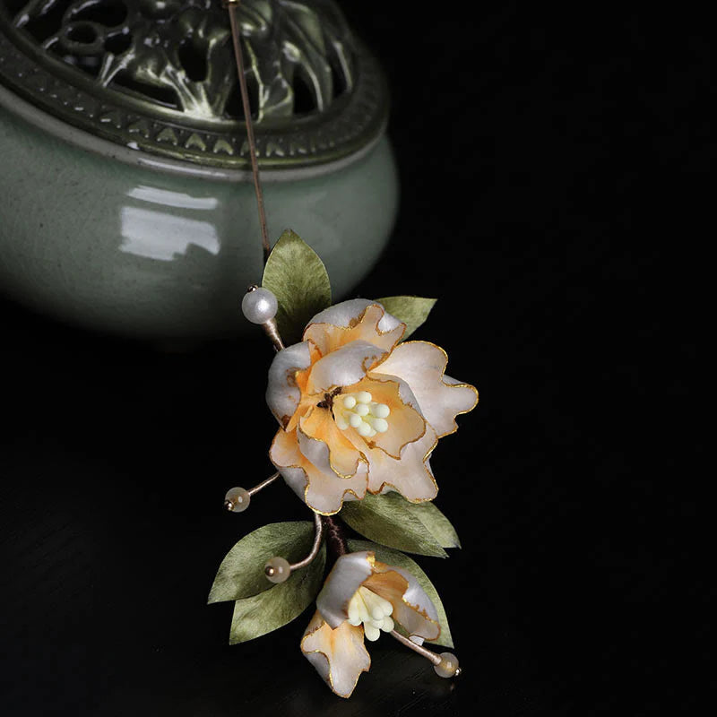 Buddha Stones Handcrafted Silk Art Golden Peony Flower Good Fortune Brooch