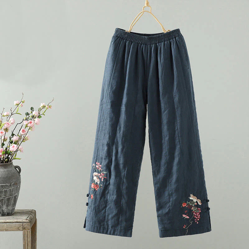 Buddha Stones Embroidered Frog Button Padded Women's Wide Leg Pants With Pockets