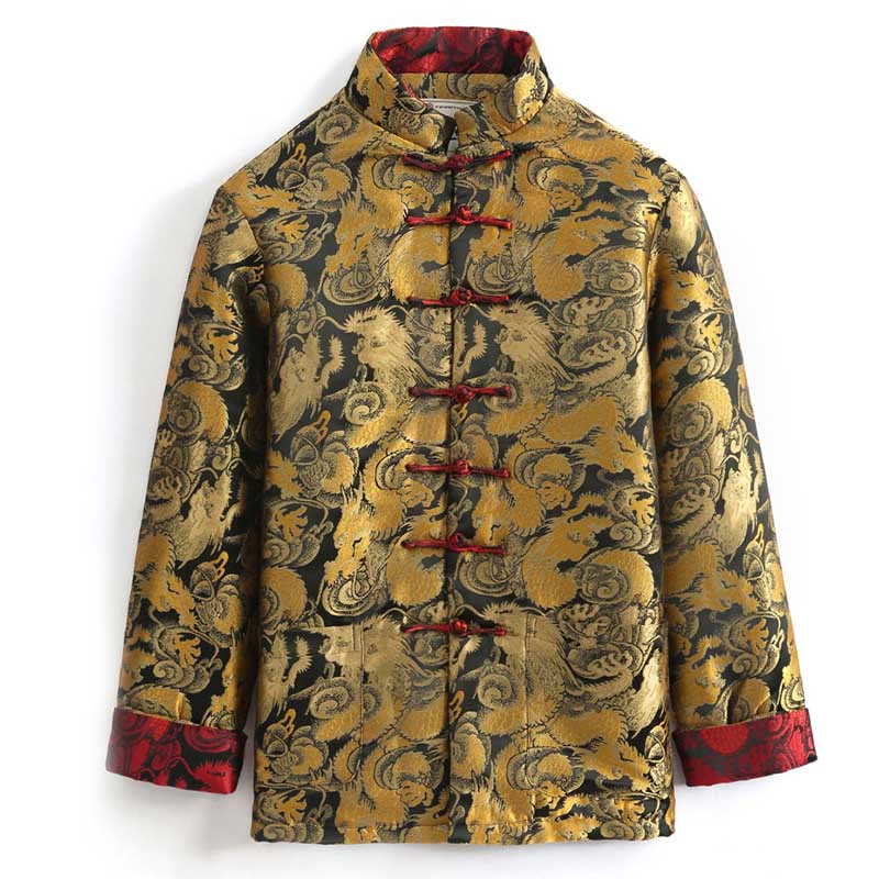 Buddha Stones Winter Dragon Jacquard Warm Frog-Button Long Sleeve Men's Jacket With Pockets