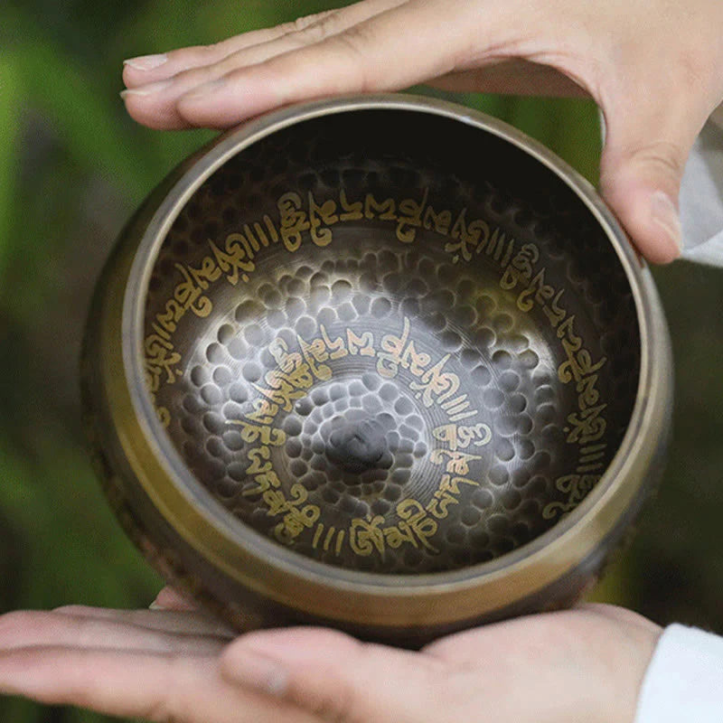 Buddha Stones Handcrafted Singing Bowl Scripture Pattern for Healing and Meditation Sound Bowl Set