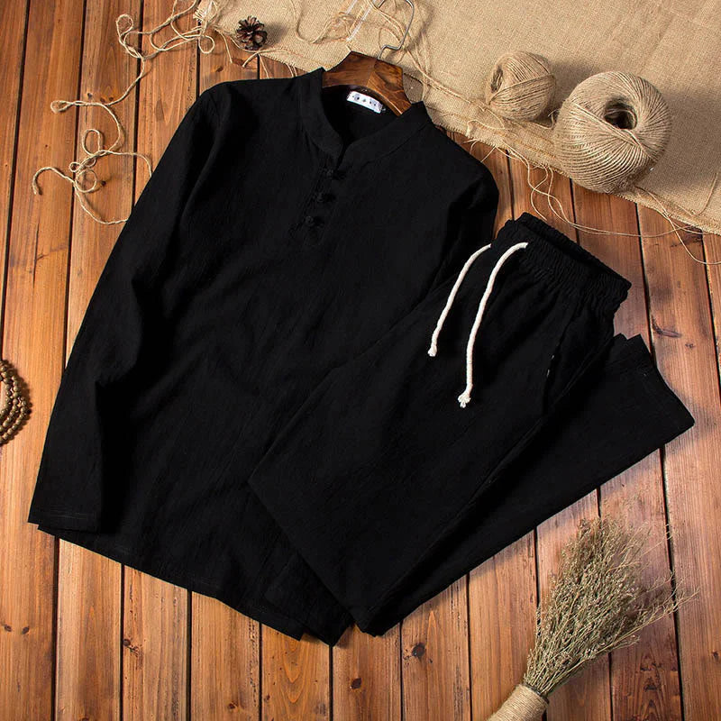 Buddha Stones Pure Color Long Sleeve Top Pants Clothing Men's Set