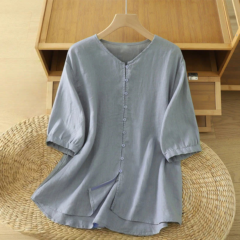 Buddha Stones Solid Buttons V-Neck Half Sleeve Women's Shirt
